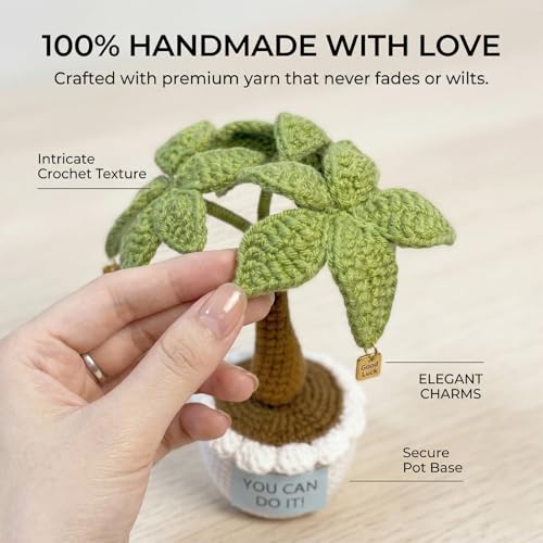 Emotional Support Crochet Money Tree with Sticky Notes Roll, Handmade Positive Desk Decor Plant with “Good Luck” Charms, 7 Inch Mini Office Home Ornament, Encouragement Gift for Coworkers, Friends