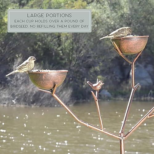 Bernini Alberto 58" Tall Metal Bird Feeder, Free Standing Tree Branch Yard Art, Holds 3 lbs Bird Seed, Comes With Cast Iron Weighted Base