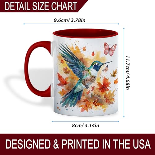 Hummingbird and Butterfly Watercolor Coffee Mug, Fall Bird Lover Mug, Autumn Leaves & Artistic Splash Design, Nature-Inspired Drinkware for Morning Coffee or Tea-Red Handle (Hummingbird) - color: Hummingbird