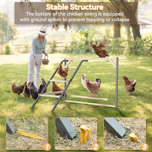 PETSFIT Chicken Perch, Solid Wood & Rustproof Iron Roosting Bar with Swing | Fits 8-10 Chickens, Promotes Natural Exercise, Easy to Assemble and Clean, Backyard Coops and Farms, All-Weather Outdoor Use - size: 43"Lx36"Wx32"H