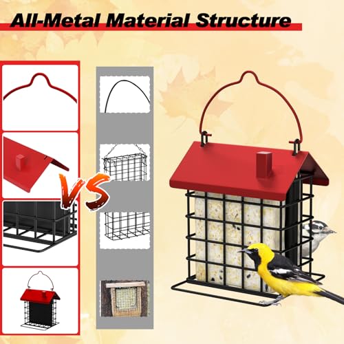 Gbekery All-Metal Double Suet Bird Feeder for Outdoors Hanging, Suet Cake Cage Holder with Weather-Resistant Roof & Perch for Outside Garden, Red - color: Red