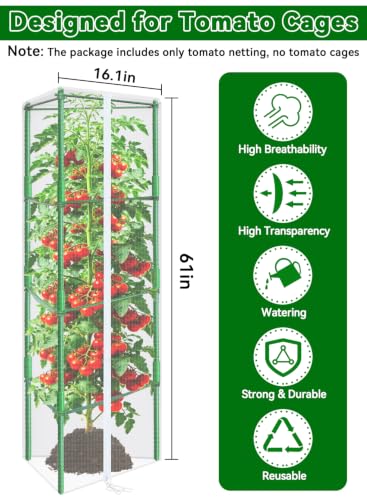 61x16.1 in Garden Tomato Plant Cover Netting for Tomato Cage | 2 Pack Durable Garden Bird Netting with Zipper & Drawstring, 61 x 16.1 In, Insect Barrier, Plant Covers from Insects Animals - size: 61inch