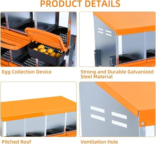 10-Hole Chicken Nesting Box with Removable Lid, Metal Chicken Coops with Roll Away Design/Easy Egg Collection/Ventilation Holes, for Chickens Coops, Duck and Hens - color: Orange, size: 10 holes without legs