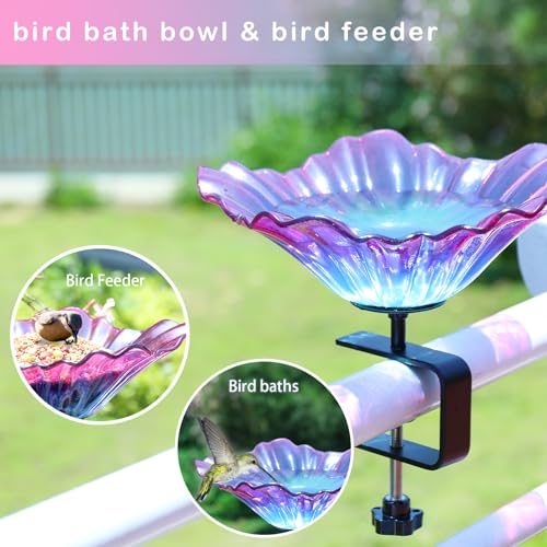 Deck Mounted Bird Baths for Outdoors, Glass BirdBath Bowl for Garden | Purple Glass Bird Baths Bowl with Adjustable Sturdy Steel Fence Clamp for Garden Patio Lawn Yard Deck Balcony Railing - color: Purple