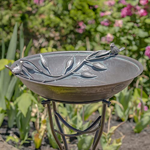 Zaer Ltd. Deep Well Made Metal Birdbath with 2 Cast Iron Birds and Leaf Decoration (Bronze) - color: Bronze