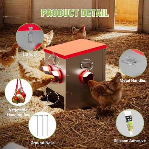 30LB Automatic Chicken Feeder, No-Waste Metal Poultry Feeder with 4 Ports, Predator-Proof Latch & Weatherproof Design, Includes Anti-Tip Ground Stakes & Vegetable Hanging Feeder - size: 30LB-4 Ports