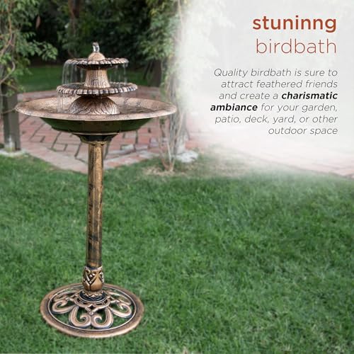 Alpine Corporation TEC106-BZ 35” Tall 3-Tier Pedestal Water Fountain with Birdbath in Vintage – Outdoor Garden Fountain for Yard, Patio, Deck Decoration, Bronze