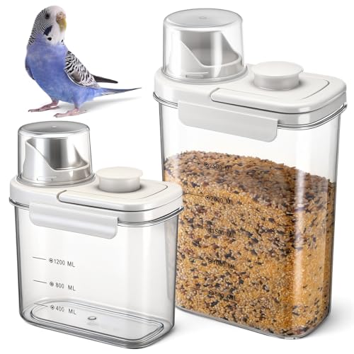 2 Pcs Bird Food Storage Container, Bird Seed Container with Lids Airtight Cup Pet Parrot Food Storage 1.7 Qt & 3 Qt Measuring Containers Easy Pour Spouts for Macaws African Cockatoos (Beige) - color: Beige
