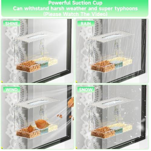 Acrylcc Window Bird Feeders with Strong Suction Cups for Window Viewing and Balcony,See Through Wild Birdfeeder with Bath and Water Combo,Clear Windows Bird Feeder for Cats,Kids,Birds Lover Gifts