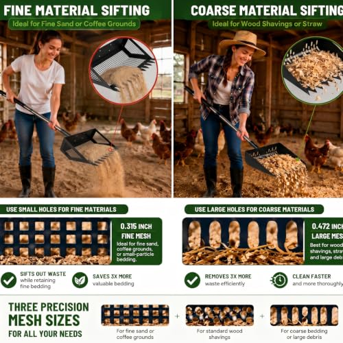 Chicken Poop Scooper & Rake 2-in-1, 10" Stainless Steel Sifting Shovel, Interchangeable Dual Heads, 5-Section Handle 24-68", 3 Angles, Includes Gloves, Heavy Duty Chicken Coop Cleaning Kit