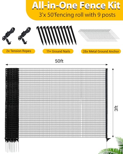 3'x50' Temporary Fence with Posts, Dog Fence Outdoor for Yard, Black | Mesh with step-in posts, No assembly required, Portable Fencing for yard, Garden fence animal barrier, Snow fence - color: Black, size: 3x50 ft