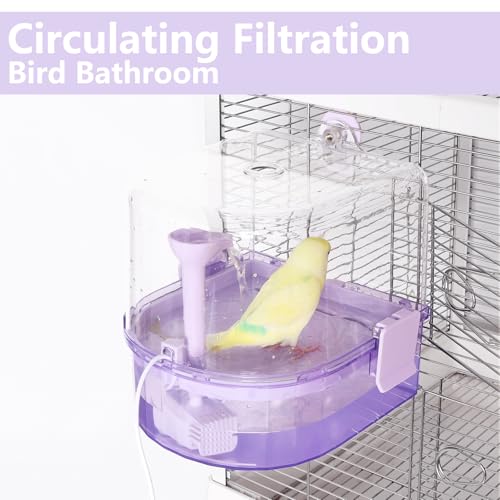 Automatic Bird Baths for Cage – Indoor Parakeet Bath with Pump, Bird Shower with 2 Modes Running Water, Bird Cage Accessory for Pet Birds Conure Budgies Cockatiels Lovebird (Purple) | Quiet auto pump with 4-layer filter & 4 refills Easy-clean clear tank o