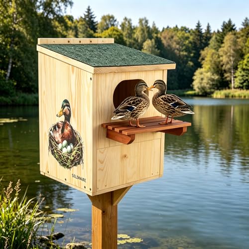 Large Wood Duck House – Weatherproof Roof, Duck Perch Platform | Duck nesting box for yards, ponds, wetlands. Predator-proof entrance, duckling ladder, easy-clean. Fits trees, posts, walls.