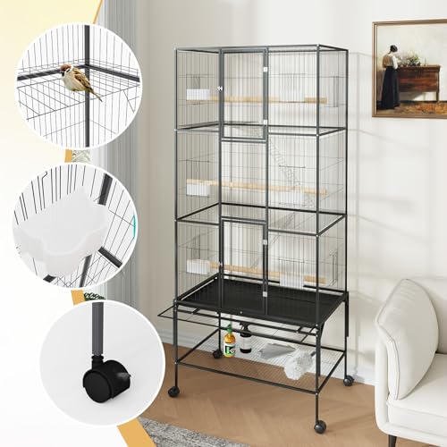69" H Large Bird Cage, Bird Cage with 3-Tier Platforms, Ladders, Perches, Feeder, Wide Birdcage for Parakeets, Conures, Lovebirds, Quaker, Cockatiels, Budgie, Black - size: 31.5"L x 23.6"W x 65.8"H