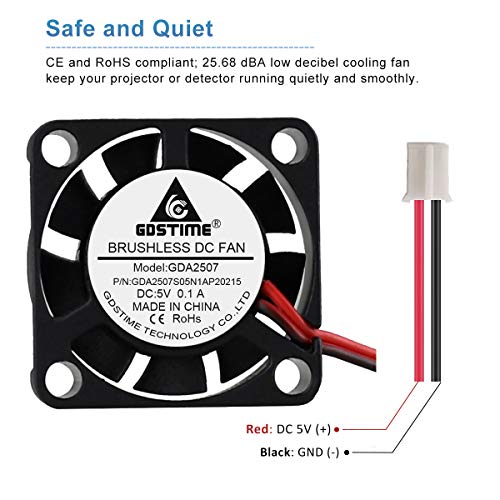 GDSTIME 25mm 5V Fan 25x25x7mm 2-Pin Mini Brushless DC Cooling Fans 2-Pack | for Raspberry Pi, Tight Space, DIY Projects - 10000 RPM, PH2.0-2Pin, 2507