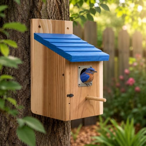 Wooden Birdhouse, Natural Cedar Nesting Box with Blue Roof, Predator Guard, Cleanable Door for Finch, Wren, Sparrow