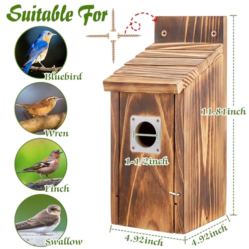 Dreyoo 2 Pack Bluebird Box Houses for Outside,1-1/2'' Entrance Hole Wooden Bird Houses with Metal Guard, Secure Latch,Fledgling Grooves,Air Vents for Bluebird Wren Swallow(Burnt Wood) - color: Burnt Wood