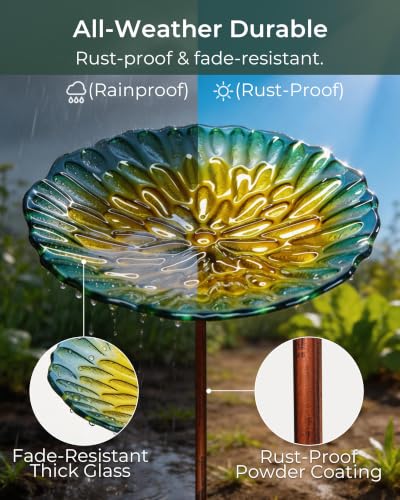 Glass Bird Bath Small Birdbath for Garden Decor, Yellow | 10.6" Bowl, 26" Height 4-Prong Stable Stake Easy to Clean Outdoor Bath or Feeder for Hummingbirds & Small Birds, Handcrafted