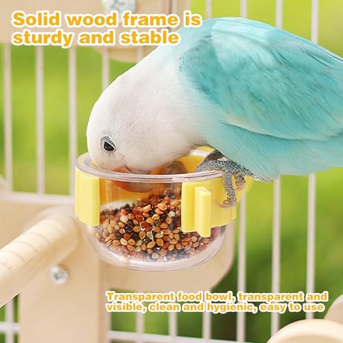 Natural Wood Perch Stand with Feeding Cups(PVC Bowl) | Parrots Play Gym,Birds Perch Stand,feeder - color: wood