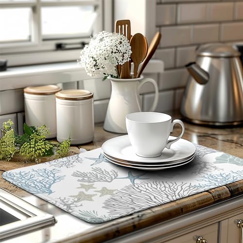 Coastal Dish Drying Mats for Kitchen Counter 18 x 24 Inch Summer Beach Drying Mat Coral Starfish Nautical Dish Rack Mat Ocean Themed Microfiber Absorbent Dish Drying Pad with Hanging Loop - color: Coastal Dish Drying Mats-A3-1, size: 18" x 24"