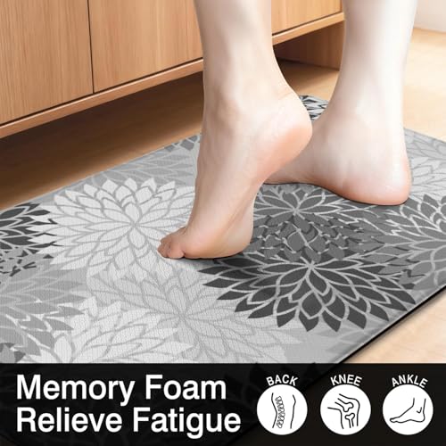Boho Floral Anti Fatigue Kitchen Mats, 17.3"x47"+17.3"x29", Grey | Cushioned Non Slip Memory Foam Waterproof, Bohemia Kitchen Decor Rugs for Floor, Set of 2 for Sink Laundry Office - color: Grey Floral
