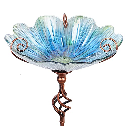 Glass Birdbath Birdfeeder with Metal Stake Garden Yard Outdoor Blue | 31inch height stain glass bird bath for outside,Blue flower bird bath bowl,attract wild birds and beautify outdoor gardens - color: Blue
