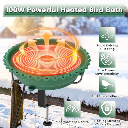 Heated Bird Bath for Outdoors,Deck Railing Heated BirdBaths,Green | Upgraded 100W,Thermostatically Controlled,Adjustable Clamp 3.2",Easy Clean/Install,Detachable Bowl,Garden Yard Patio Lawn - color: Green