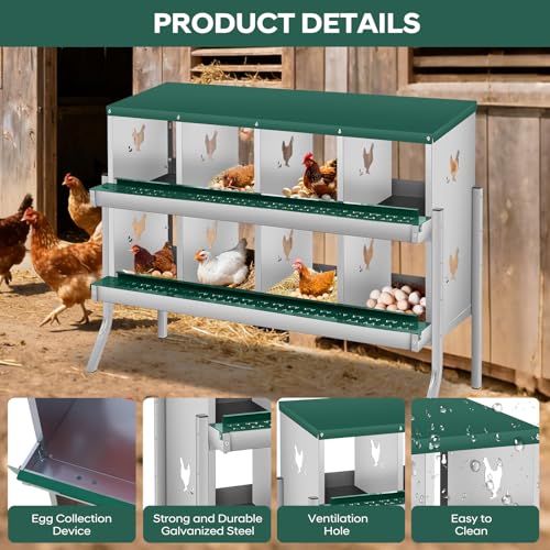 GarveeLife Chicken Nesting Box, 8 Compartments Nesting Box for Chickens, Two-Tier Galvanized Steel Chicken Egg Laying Box with Large Vented Holes Wall Mounting for Easy Egg Collection - color: Green | 8 Compartments
