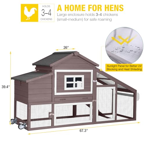 Aivituvin Chicken Coop with Run and Wheels, Mobile Outdoor Hen House Wooden Poultry Cage with Waterproof Roof (Brown, AIR23) - color: Brown, size: 67.3"L x 26.0"W x 39.4"H
