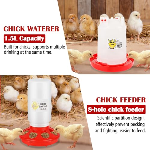 Chicken Feeder and Waterer Set with Chick Perch, Cool Baby Chick Feeder and Waterer Set, Chick Waterer, Baby Chicken Supplies for Small Poultry Chicks Ducks Quail Pigeons Birds(RED)