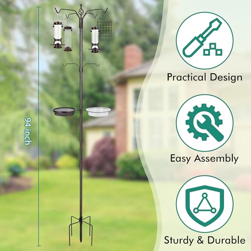 YINGYM Bird Feeding Station Kit, 94 Inch Bird Feeder Pole for Outdoors | 6-Hook Bird Feeder Stand with 4 Feeders, Metal Suet, Bath Tray and 5-Prong Base, Easy Assembly for Wild Birds Watching - size: 94 Inch without Squirrel Baffle