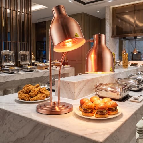 Dual Heads Food Heat Lamp with 500w Bulb Food Warmer Infrared Heating Lamp Countertop Restaurant Kitchen (Double Head(Copper))