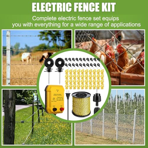 Electric Wire Fence Kit, 10 Mile 110vac 0.5 J Plug in Fence Charger with 3366 ft Polywire, 40 T Post Insulators, 20 Screw in Insulators for Pasture Farm Horse Cattle Poultry Fencing - size: 3366FT, style: 0.5J
