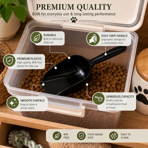 Pet Food Black Scoop, 11.62in Large Plastic Feed Scooper with Ergonomic Handle, Lightweight Food Storage Scoop for Dry Dog Food Cat Food Bird Seed Grain Treats and Bulk Pantry Ingredients
