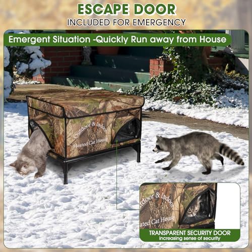 Heated Cat House for Outside Cat in Winter, Insulated Outdoor Feral Cat Shelter with Cat Heating Pad, 2 Doors,Elevated Waterproof Heated Kitty House (Camouflage, 21.5"x16.5"x18") - style: camouflage Cat House 04