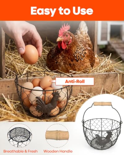 2 Pcs Metal Wire Egg Basket, Round Iron Canasta para Huevos with Wooden Handle, Sturdy Small Egg Basket for Gathering Fresh Eggs, Storing Fruit, Vegetables. Ideal for Farmhouse Kitchen Storage