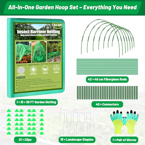 Garden Mesh Netting Kit, 7 Sets Garden Hoops with 10x30 ft Garden Covers | Bird Netting with 12 Clips, Garden Protection for Raised Beds Greenhouse Vegetable Plants Flowers - color: Green