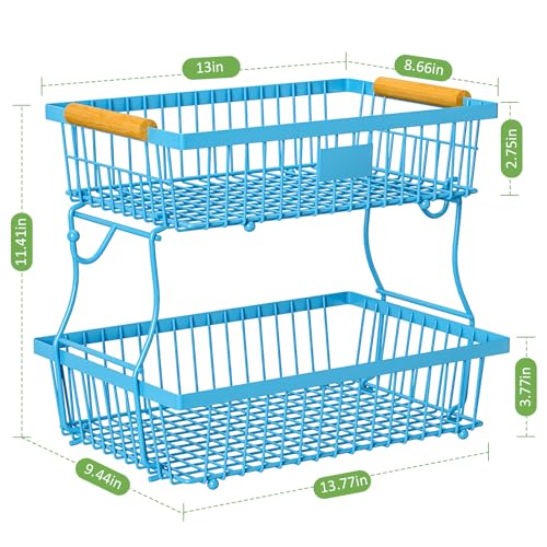 2 Tier Fruit Basket for Kitchen Counter with 2 Banana Hangers, Countertop Metal Bread Basket with Wooden Handle, Large Storage Stand for Vegetables, Snacks, Eggs, Produce Storage – Blue - color: Blue, size: 2 Tier