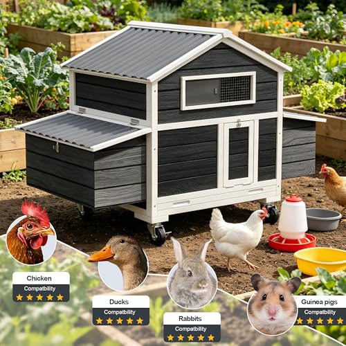 Large Chicken Coop with Wheels, Waterproof Outdoor Hen House for 6-8 Chickens, Movable Chicken House with Two Nesting Box, Removable Tray, PVC Cover, Wooden Duck Coop Rabbit Hutch(Black) - size: 61.0"L x 33.0"W x 58.0"H