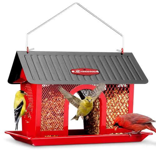 Kingsyard Wild Bird Feeder for Outdoors Hanging, All Metal | Dual-Use Mesh with 360° Feeding, Weatherproof Roof, 3 lb Seed Capacity, Garden Decor & Birding Gift, Red - color: Red