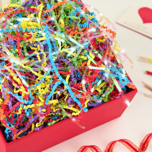 PAPER FAIR Iridescent Rainbow Easter Grass Crinkle Cut Paper, 5OZ Raffia Tissue Paper Filler Shred Strand Craft Bedding Cushion, Anniversary, Back to School, Birthday for Gift Basket Boxes - color: Iridescent Rainbow