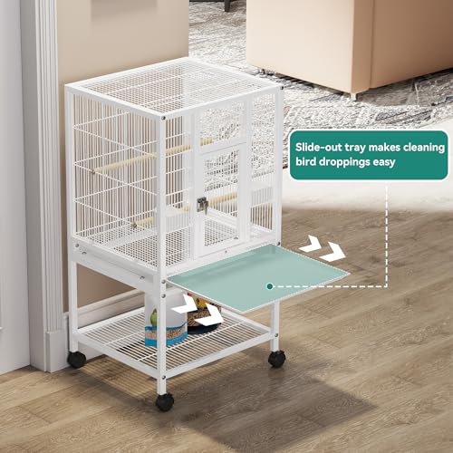 YITAHOME 41 inches Metal Bird Cage for Parakeets: Large Parrot Cages with Tray, Food Boxes, and Wooden Perches with Rolling Stand & Brakes for Lovebirds Cockatiels Pigeon Finches, White - color: White, size: 19.0"L x 18.1"W x 40.5"H