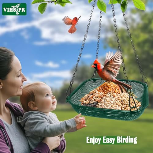 Hanging Platform Bird Feeder, 11 in Square, Green | Stainless Steel Mesh Seed Tray, Backyard & Patio, Outdoor Use - color: Green - Square