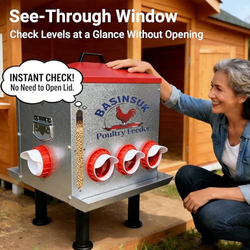 10Gal 55lb Automatic Chicken Feeder, 8 Port No Waste Chicken Feeders Rat-Proof Large Metal Poultry Feeder with Window & Catchment Tray, Adjustable Legs Waterproof Rust-Proof for Coop Outdoors