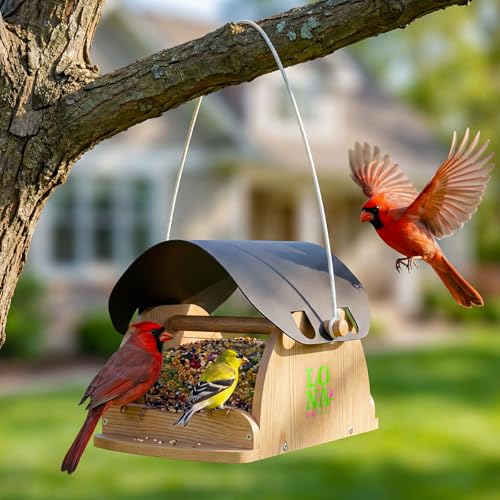 LONA Wooden Bird Feeder for Outdoors Hanging, Large Capacity Wood Birdfeeder for Feeding Outside Garden Unique Wild Bird Feeder House for Cardinals Finches Sparrow Chickadees