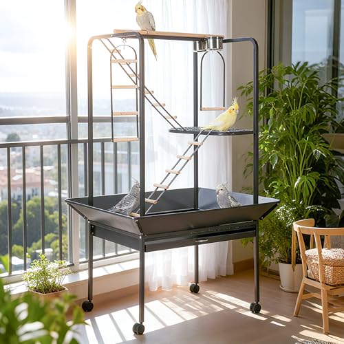 Garvee 64'' H Inch Birdcage Stand Play Center with Perches and Ladders | Indoor Outdoor Playground for Birds, Bird Playstand w/Rotated Ring Removable Tray, Lockable Caster, for Macaw and Parakeet - size: 64'' H