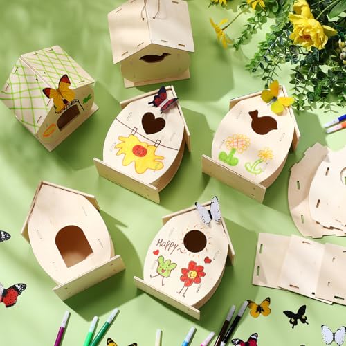 Outus 12 Pcs 5 × 7 Inch DIY Wooden Birdhouse Kit for Kids, Art Painting Bird House Craft Kit Unfinished Bird House Craft for Easter, Kids with Butterfly Sticker Gift 4 Shapes Summer Arts (Exquisite) - style: Exquisite
