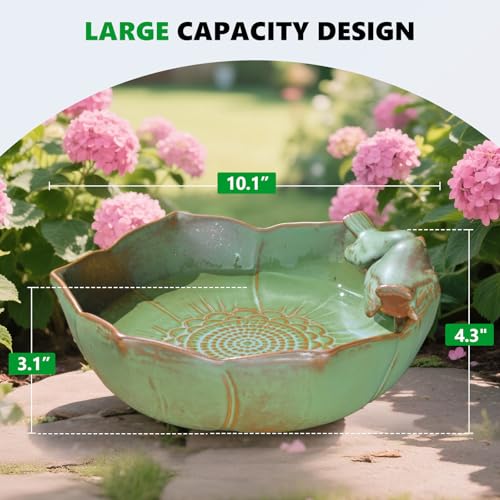 Ceramic Bird Bath for Outdoors, 10.1" Ground Ceramic Bird Baths Bowl for Outside, Garden Bird Baths Weather Resistant, Birdbath for Deck, Balcony, Lawn - color: Green