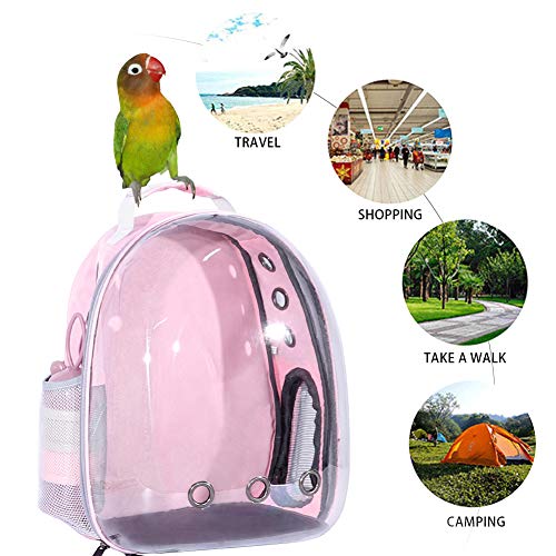 Pink Bird Backpack Carrier with Portable Bird Feeder Cups, Pet Bubble Carrier for Pet Birds, Airline-Approved, Ventilate Transparent Space Capsule Carrier Backpack for Travel, Hiking and Outdoor Use