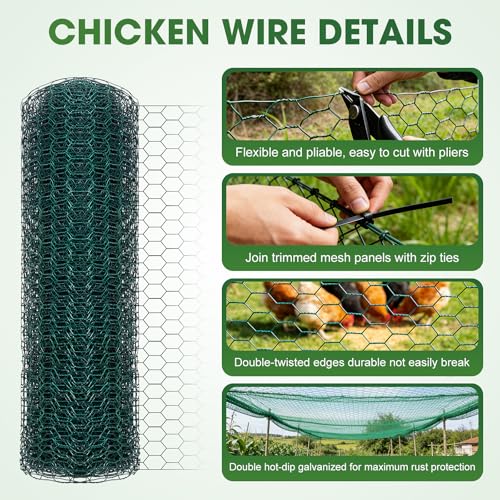 Chicken Wire for Floral Arrangements, 16x197in Chicken Wire Fencing, Green | Hexagonal PVC Coated, Metal Poultry Wire Netting for Craft, Outdoor Plants - size: 16x197 inch